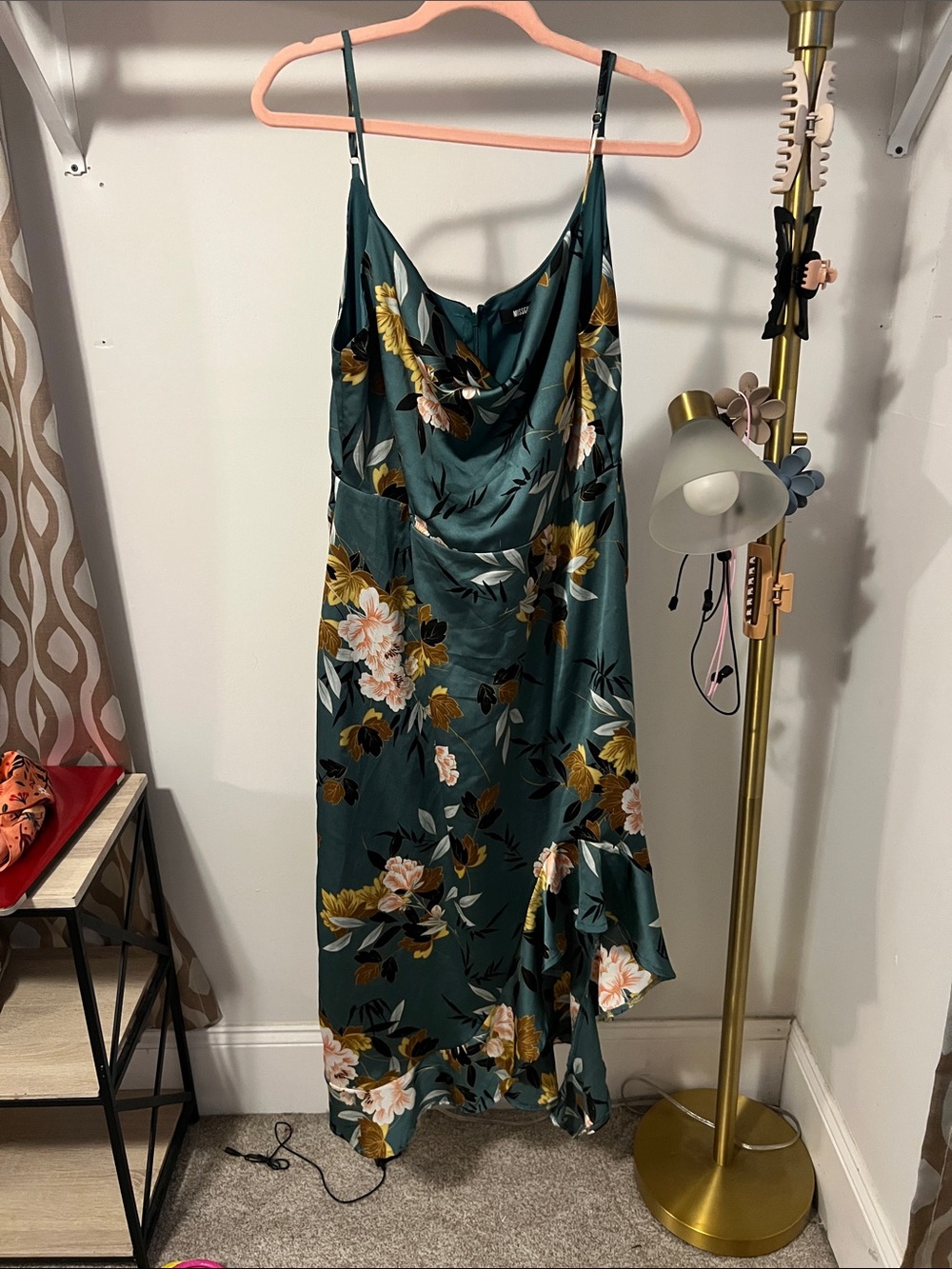 Missguided Teal Satin Slip Dress, ruffled side slit